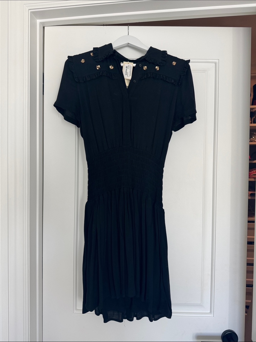 Maje Black Short-Sleeve Smocked-Waist Mini Dress with Embellished Collar